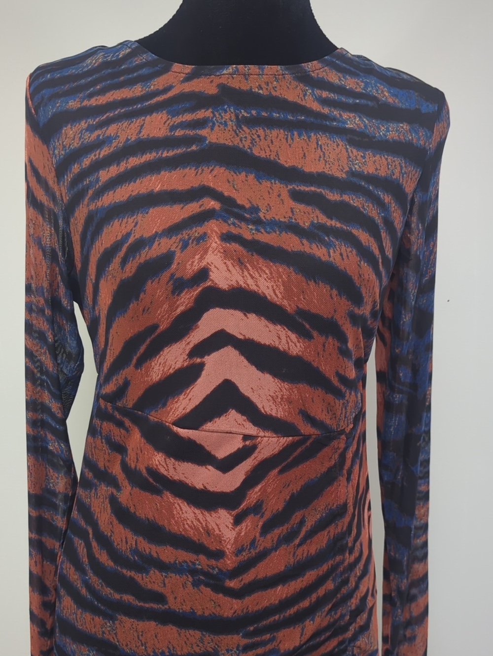 bebe Tiger Print Ruched Midi Dress Long Sleeve Bodycon Size M